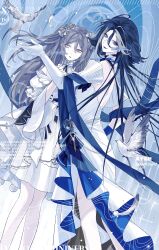  2girls absurdres adela_(path_to_nowhere) averting_eyes backless_dress backless_outfit bead_necklace beads bird blue_eyes blue_hair blue_lips bow circle commissioner_insert detached_collar detached_sleeves dress elbow_gloves feet_out_of_frame gloves grey_bow grey_eyes grey_hair hair_between_eyes hair_bow hand_up heterochromia highres jewelry long_hair looking_at_viewer lunaticotat multicolored_hair multiple_girls necklace oc_x_canon original path_to_nowhere sample_watermark sidelocks smile streaked_hair two_side_up watermark white_bird white_dress white_eyes white_gloves white_streaks 
