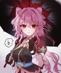  1girl black_gloves chinese_clothes closed_mouth commentary_request earrings evernight_(honkai:_star_rail) fingerless_gloves funafu gloves gold_trim hair_between_eyes hair_intakes hair_ornament holding holding_umbrella honkai:_star_rail honkai_(series) index_finger_raised jewelry looking_at_viewer mandarin_collar march_7th_(honkai:_star_rail) march_7th_(hunt)_(honkai:_star_rail) medium_hair pink_hair red_eyes single_earring smile solo speech_bubble umbrella white_background 