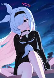  1girl absurdres black_choker black_hairband black_serafuku black_skirt blue_archive bow braid choker closed_mouth colored_inner_hair green_eyes hair_bow hair_over_one_eye hairband halo highres long_hair long_sleeves looking_at_viewer multicolored_hair neckerchief plana_(blue_archive) pleated_skirt red_halo red_pupils school_uniform serafuku single_braid sitting skirt sky smile solo star_(sky) starry_sky very_long_hair watakaze white_bow white_hair white_neckerchief 