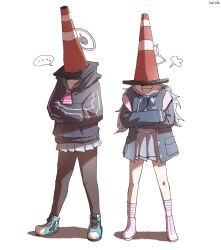  ... 2girls artist_name blue_archive commentary crossed_arms full_body halo highres jacket kai_xin kazusa_(blue_archive) long_hair long_sleeves multiple_girls neckerchief pantyhose pleated_skirt puff_of_air reisa_(blue_archive) sailor_collar school_uniform shoes skirt socks spoken_ellipsis standing striped_clothes striped_socks traffic_cone traffic_cone_on_head untranslatable_commentary white_background 