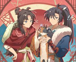  ! !! +++ 1boy 1girl animal black_hair blue_eyes calico_(pattern) calico_cat cat cheng_heguang chinese_clothes chinese_commentary commentary_request hair_branch hair_bun hand_up hanfu hat_on_back holding holding_animal holding_cat index_finger_raised long_hair longcat_(meme) looking_at_another meme paper_heron ponytail red_background red_hanfu reverse:1999 teeth upper_body wavs weimao youluo 