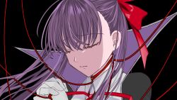  1girl bb_(fate) black_background closed_eyes commentary_request conpota7 fate/extra fate_(series) gloves hair_ribbon highres long_hair own_hands_clasped own_hands_together praying purple_hair ribbon solo string string_of_fate white_gloves 