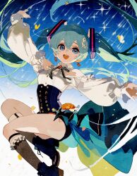 1girl :d alternate_costume ankle_boots aqua_eyes aqua_hair aqua_nails armlet bare_shoulders black_corset black_ribbon black_shorts blouse boots breasts brown_boots bug butterfly collar colorful commentary corset detached_collar detached_sleeves earrings eyelashes floating_hair flower full_body grey_socks hair_between_eyes hair_ornament hairclip hatsune_miku highres jewelry jumping long_hair long_sleeves medium_breasts midair nail_polish night orange_flower outstretched_arms puffy_sleeves ribbon shirt shooting_star shorts sky smile socks solo sparkle spread_arms star_(sky) teeth thighs tongue twintails underbust upper_teeth_only very_long_hair vocaloid white_collar white_shirt white_sleeves wide_sleeves yellow_butterfly yozoramu 