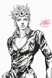  1boy absurdres araki_hirohiko_(style) commentary_request giorno_giovanna greyscale hatching_(texture) high_collar highres jacket jojo_no_kimyou_na_bouken kaib0y ladybug_brooch ladybug_ornament long_sleeves looking_at_viewer male_focus monochrome parted_lips signature simple_background solo unfinished vento_aureo victory_rolls white_background wing_ornament 