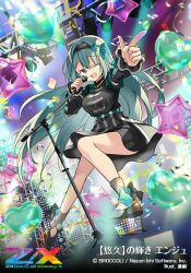 1girl balloon black_hairband black_shirt black_shoes black_skirt concert confetti copyright_logo copyright_name copyright_notice enju_(z/x) finger_gun hair_ornament hairband heart_balloon holding holding_microphone logo long_hair microphone microphone_stand official_art one_eye_closed open_mouth saisou_(2ndere) shirt shoes skirt solo star_balloon translation_request violet_eyes z/x 