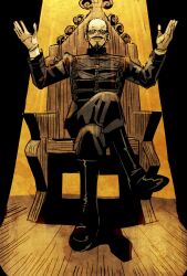  1boy armchair black_boots black_eyes black_hair black_jacket black_pants boots burn_scar chair commentary_request crossed_legs facial_hair forehead_protector goatee golden_kamuy grin hands_up highres jacket long_sleeves looking_up male_focus military_jacket military_uniform mustache on_chair pants scar scar_on_face short_hair sitting smile solo spotlight takeuchi_ryousuke tsurumi_tokushirou very_short_hair wooden_chair wooden_floor 