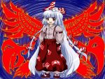  bird chibi fujiwara_no_mokou hair_ribbon hands_in_pockets henohenomoheji_(artist) long_hair oota_jun&#039;ya_(style) oota_jun'ya_(style) parody phoenix red_eyes red_pants ribbon shirt smirk style_parody suspenders touhou very_long_hair white_hair white_shirt yukkuri_shiteitte_ne 