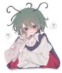 ? ahoge antenna_hair black_cape black_nails blue_eyes blush cape collared_shirt commentary embarrassed green_hair hair_between_eyes hand_on_another's_cheek hand_on_another's_face hands_on_another's_arm highres kazami_yuuka long_sleeves looking_at_viewer maruten_moko nail_polish parted_lips partially_unbuttoned shirt short_hair spoken_question_mark sweat sweatdrop touhou untranslatable_commentary white_sleeves wriggle_nightbug 