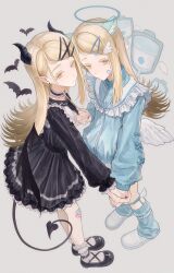  2girls absurdres angel angel_wings animal_ears bandaid bandaid_on_cheek bandaid_on_face bandaid_on_knee bandaid_on_leg bat_(animal) black_dress black_horns black_nails black_shoes black_tail black_wings blonde_hair blue_halo blue_jacket blue_leg_warmers blue_nails closed_mouth collar colored_eyelashes crane666 demon demon_horns demon_tail demon_wings detached_collar dress dual_persona earrings feathered_wings fingernails flipped_hair frilled_collar frilled_dress frilled_shirt_collar frills from_above full_body gakuen_idolmaster hair_ornament hairclip halo highres holding_hands horns idolmaster intravenous_drip jacket jewelry leg_warmers long_hair long_sleeves looking_at_viewer low_wings multiple_girls orange_eyes pointy_ears puffy_long_sleeves puffy_sleeves shinosawa_hiro shoes smile socks stud_earrings swept_bangs tail tenshi_kaiwai track_jacket traditional_halo white_background white_shoes white_socks white_wings wing_hair_ornament wings x_hair_ornament zipper zipper_pull_tab 