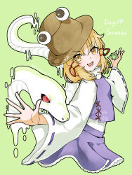  1girl animal aomurasaki_r blonde_hair blush brown_hat character_name commentary frilled_skirt frills frog green_background hair_ribbon hat highres leaf_print long_sleeves lower_teeth_only medium_hair moriya_suwako open_mouth purple_skirt purple_vest red_ribbon ribbon ribbon-trimmed_sleeves ribbon_trim shirt shirt_tucked_in skirt snake solo teeth touhou turtleneck turtleneck_shirt twitter_username vest white_shirt yellow_eyes 