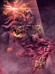  absurdres bayle_the_dread breath_weapon breathing_fire broken_wing calligraphy_brush_(medium) curled_horns deadpool_yuchan dragon elden_ring elden_ring:_shadow_of_the_erdtree electricity electrokinesis exposed_bone fire highres horns lightning looking_at_viewer no_humans open_mouth red_eyes sharp_teeth signature teeth western_dragon wings 