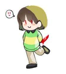  1other 2022 2d ambiguous_gender black_shoes brown_hair chara_(undertale) child collared_sweater commentary digital_media english_commentary full_body green_sweater highres holding holding_knife holding_knife_behind_back holding_weapon holding_weapon_behind_back horizontal-striped_clothes human knife long_sleeves masuniri other_focus pants red_eyes red_knife shoes short_hair simple_background single_horizontal_stripe smile solo spoken_smile standing standing_on_one_leg striped_clothes striped_sweater sweater two-tone_sweater undertale utdr_(toby_fox) weapon white_background yellow_pants yellow_stripes |_| 