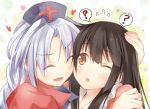  :d ? ^_^ black_hair brown_eyes closed_eyes efe eyes_closed hat heart houraisan_kaguya hug long_hair multiple_girls nurse_cap open_mouth silver_hair smile speech_bubble touhou wink yagokoro_eirin 