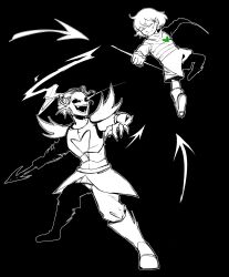  1girl 1other 2022 2d alternate_form ambiguous_gender anaizzzen ankle_boots anthro armor battle black_background black_sclera boots breastplate child colored_sclera commentary digital_media double_horizontal_stripe duo ear_fins english_commentary female fins fish fish_girl frisk_(undertale) gauntlets genocide_route_(undertale) green_soul_(undertale) head_fins heart high_contrast high_ponytail highres holding holding_polearm holding_spear holding_weapon horizontal-striped_clothes human long_hair long_sleeves monochrome monster monster_girl pink_stripes polearm ponytail romper sharp_teeth short_hair simple_background slit_pupils spear spot_color striped_clothes striped_romper teeth undertale undyne undyne_the_undying utdr_(toby_fox) weapon white_pupils 