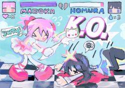  2girls akemi_homura akemi_homura_(magical_girl) angel_wings blonde_hair blood border broken_heart cat checkered_floor chibi death fighting_game fighting_stance heart hitting http_oopsy kaname_madoka kaname_madoka_(magical_girl) kyubey mahou_shoujo_madoka_magica mahou_shoujo_madoka_magica_(anime) multiple_girls speech_bubble third-party_source tile_floor tiles white_cat wings x_x 