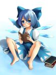  &gt;:( barefoot bespectacled blue_eyes book bow cirno glasses hair_bow ice ice_wings lowres reading sarekoube sitting solo touhou wings 