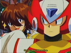  1990s_(style) 1boy 1girl agnes_tachyon_(tach-nology)_(umamusume) agnes_tachyon_(umamusume) ahoge android animal_ears armor black_necktie blonde_hair blue_eyes brown_hair chest_jewel coat earrings faux_retro_artstyle forehead_jewel hair_between_eyes helmet highres horse_ears horse_girl jewelry lab_coat long_sleeves looking_at_another looking_back looking_to_the_side lueduar mega_man_(series) mega_man_x_(series) necktie outdoors ponytail red_armor red_eyes red_helmet retro_artstyle robot robot_ears shirt shoulder_armor single_earring sleeves_past_fingers sleeves_past_wrists smile sparkle sweater sweater_vest twitter_username umamusume upper_body vhs_artifacts white_coat yellow_sweater yellow_sweater_vest zero_(mega_man) 