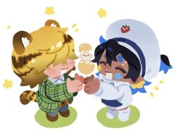  2boys :d ^^^ animal_ears baby_animal bird black_hair blanc_(heartopia) blonde_hair blue_hair broken_egg brown_hair chibi chibi_only chick closed_eyes collared_shirt colored_eyebrows colored_shadow cracked_egg cracked_shell dark-skinned_male dark_skin dot_nose egg english_commentary flannel full_body hair_over_eyes hands_up hat hatching heartopia hulatie jacket male_focus multicolored_hair multiple_boys open_mouth player_character_(heartopia) sailor_hat shadow shirt smile star_(symbol) star_on_cheek striped_blush striped_tail tail tiger_boy tiger_ears tiger_tail two-tone_hair white_jacket 
