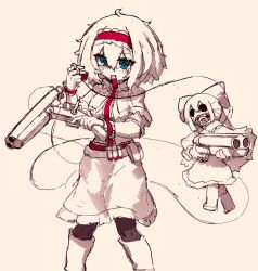  1girl absurdres alice_margatroid blue_eyes boots bullet bullet_in_mouth capelet commentary doll dress frilled_dress frills gun hairband hashtag-only_commentary highres holding holding_bullet holding_gun holding_weapon knee_boots lolita_hairband medium_hair monochrome mouth_hold pantyhose puppet_strings rampa93 red_hairband reloading shanghai_doll solo spot_color touhou weapon wrist_cuffs yellow_theme 