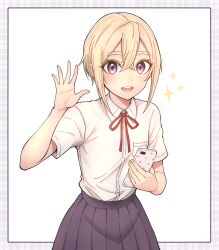  1girl :d absurdres bare_arms black_skirt blonde_hair border chinese_commentary collared_shirt commentary_request cowboy_shot crossed_bangs english_commentary hair_between_eyes hand_up highres holding holding_phone kimi_no_koto_ga_dai_dai_dai_dai_daisuki_na_100-nin_no_kanojo looking_at_viewer mixed-language_commentary neck_ribbon ohananomitsu_high_school_uniform open_mouth phone pigsir13152 pleated_skirt red_ribbon ribbon school_uniform shirt short_hair short_sleeves simple_background skirt smile solo sparkle sutou_iku teeth upper_teeth_only violet_eyes waving white_background white_shirt wing_collar 