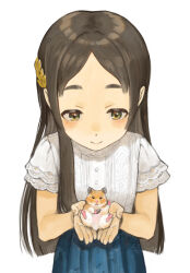 1girl animal_on_hand blouse blue_skirt blunt_ends blush brown_eyes brown_hair closed_mouth commentary_request cupping_hands floral_print gakuen_idolmaster hair_ornament hamster highres idolmaster kuramoto_china laurels leaf_hair_ornament long_hair looking_at_animal looking_down numaga06 own_hands_together parted_bangs print_skirt seed shirt short_sleeves simple_background skirt smile solo sunflower_seed upper_body white_background white_shirt 