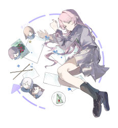  1girl absurdres bang_dream! bang_dream!_it's_mygo!!!!! black_socks blue_flower brown_shoes cake character_doll chihaya_anon chinese_commentary commentary_request doll flower food green_necktie grey_jacket grey_skirt hair_spread_out haneoka_school_uniform highres if_happiness_is_a_circle_(meme) jacket kaname_raana long_hair lying meme mygo!!!!!_(bang_dream!) nagasaki_soyo naiping_kele necktie on_side paper parted_bangs pink_hair plate school_uniform shiina_taki shirt shoes simple_background skirt smile socks solo takamatsu_tomori white_background white_shirt 