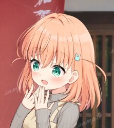  1girl :d alternate_costume aqua_eyes blurry blurry_background brown_dress commentary_request dress grey_sweater hair_ornament hanazora_satsuki hands_on_own_chin hinoshita_kaho link!_like!_love_live! long_sleeves love_live! medium_hair open_mouth orange_hair outdoors pinafore_dress rabbit_hair_ornament ribbed_sweater sample_watermark sleeveless sleeveless_dress sleeves_past_wrists smile solo sweater turtleneck turtleneck_sweater two_side_up upper_body virtual_youtuber watermark watermark_grid 