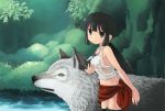  animal black_hair blue_eyes forest jewelry kouno_hikaru midriff nature navel original pendant ponytail thigh-highs thighhighs water wolf 