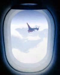  above_clouds airplane_interior clouds flying from_inside highres latias looking_at_viewer no_humans pokemon pokemon_(creature) pokemon_focus rivalclay solo window 