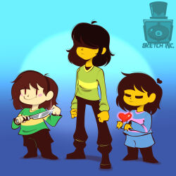 1:1 2024 2d 3others =_= ahoge ambiguous_gender ankle_boots aqua_background arms_at_sides artist_logo artist_name black_pants blue_background blue_shorts blue_sweater boots brown_boots brown_hair brown_pants brown_shorts chara_(undertale) child deltarune digital_media double_horizontal_stripe fanamation freckles frisk_(undertale) full_body glowing glowing_heart gradient_background green_sweater hairband heart highres holding holding_knife holding_weapon horizontal-striped_clothes human knife kris_(deltarune) long_sleeves multiple_others other_focus pants pink_stripes short_hair shorts simple_background single_horizontal_stripe smile standing striped_clothes striped_sleeves striped_sweater sweater trio two-tone_sweater undertale utdr_(toby_fox) watermark weapon yellow_stripes 