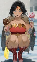  1girl absurdres black_hair blue_eyes bracer coat dc_comics dessert diana_prince food food_on_face gold_bracer gold_tiara highres holding holding_food holding_ice_cream holding_ice_cream_cone ice_cream ice_cream_cone jacket lasso lasso_of_truth military_jacket park_ongjol star_(symbol) superhero_costume tiara wonder_woman wonder_woman_(series) 