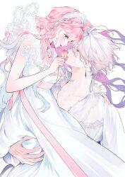  1boy 1girl absurdres arm_on_another's_shoulder b_etty01tm blue_hair bow braid carrying carrying_person commentary_request crown_braid dress earrings gradient_hair green_eyes hair_between_eyes hair_bow hair_ribbon hana_himeru_kimi_no_meteor hand_on_another's_shoulder headdress highres jewelry lavi_van_valentin long_dress long_hair looking_at_another multicolored_hair nail_polish necklace parted_lips partially_unbuttoned pink_hair ribbon shirt simple_background smile star-shaped_pupils star_(symbol) stella_quinwich symbol-shaped_pupils two-tone_hair white_background white_bow white_dress white_hair white_nails white_ribbon white_shirt yellow_eyes 