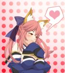  :3 animal_ears bare_shoulders bow breasts caster_(fate/extra) cleavage detached_sleeves fate/extra fate_(series) fox_ears fox_tail hair_bow hair_ribbon heart long_hair pesu_(penpen) pink_hair ribbon sleeves_past_wrists solo spoken_heart tail twintails yellow_eyes 