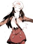  arisaka_ako bad_id black_hair blush cowboy_shot dress hair_ornament hat hikari_(pokemon) hikari_(pokemon)_(remake) long_hair open_mouth pokemon pokemon_(game) pokemon_dppt scarf simple_background smile solo winter_clothes 