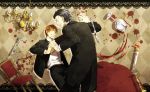 ^_^ argyle argyle_background asurafkmt black_hair blood brown_background brown_hair candle caster_(fate/zero) chandelier closed_eyes cup dancing doily eyes_closed fate/zero fate_(series) formal knife male multiple_boys scalpel suit table uryuu_ryuunosuke wine_glass 