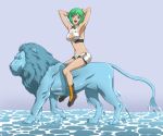  aquarion_evol drawfag green_hair lion midriff pun riding simple_background water zessica_wong 