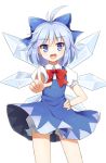  :d ahoge bad_id bloomers blue_eyes blue_hair bow cirno dress fang hair_bow hand_on_hip hips ice ice_wings mauve open_mouth pointing short_hair simple_background smile solo touhou white_background wings 