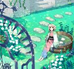  ao_no_exorcist barefoot blonde_hair bob_cut feet flower garden grass green_eyes haori japanese_clothes kimono looking_up lotus misaka moriyama_shiemi nature screencap sitting solo standing tub water wind 