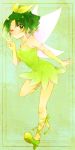  blush cosplay dress elbow_gloves fairy fairy_wings gloves green green_background green_dress green_hair green_ribbon green_shoes hair_ribbon highres kuzumochi leg_lift leg_ribbon legs_folded looking_at_viewer midorikawa_nao peter_pan_(disney) pointing pointing_up ponytail precure ribbon shoes short_dress sleeveless sleeveless_dress smile smile_precure! solo standing standing_on_one_leg tinkerbell tinkerbell_(cosplay) wings wink 