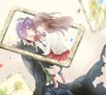  1boy 2girls blonde_hair blue_rose brown_hair carrying closed_eyes coat dress eyes_closed flower garry_(ib) hair_over_one_eye ib ib_(ib) long_hair mary_(ib) multiple_girls petals purple_hair rose short_hair smile tsukudato yellow_rose 