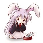  animal_ears blush bunny_ears chibi highres long_hair necktie purple_hair rabbit_ears reisen_udongein_inaba simple_background skirt solid_circle_eyes solo tears touhou translated translation_request very_long_hair white_background yume_shokunin 