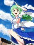  arm_up armpits blush breasts building cloud clouds detached_sleeves frog_hair_ornament green_eyes green_hair hair_ornament hair_tubes highres kochiya_sanae leg_up long_hair open_mouth orange-pengin skirt sky smile snake solo touhou 