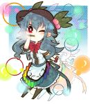  bad_id blue_hair blush bottle bow bubble_blowing child dress food fruit hat highres hinanawi_tenshi peach red_eyes ringetsumon shirt skirt solo touhou wink young 