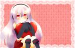  ai_kotoba_(vocaloid) bare_shoulders detached_sleeves hands_in_sleeves headphones heart name_(1775) no_nose red_eyes silver_hair sitting skirt solo sukone_tei utau 