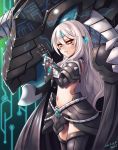  armor ecell elsword eve_(elsword) gloves green_background long_hair mecha_musume midriff navel solo thigh-highs thighhighs white_hair yellow_eyes 
