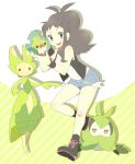  1girl bare_legs bare_shoulders blue_eyes boots brown_hair bug denim denim_shorts highres leavanny long_hair looking_at_viewer no_hat no_headwear open_mouth pokemon pokemon_(creature) pokemon_(game) pokemon_bw ponytail pumpkinpan sewaddle shorts swadloon touko_(pokemon) vest walking 