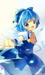  ascot bad_id blue_dress blue_eyes blue_hair bow cirno dress hair_bow lowres open_mouth outstretched_arms pf shirt short_hair smile solo touhou wings wrist_cuffs wrist_ribbon 