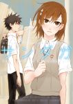  arien black_eyes black_hair brown_eyes brown_hair coin hair_ornament hairpin kamijou_touma misaka_mikoto school_uniform spiky_hair to_aru_kagaku_no_railgun to_aru_majutsu_no_index 