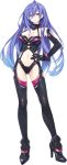  blue_hair bodysuit breasts choujigen_game_neptune cleavage d: detached_sleeves earrings ears elbow_gloves gloves gradient_hair hair_between_eyes hand_on_hip high_heels highres iris_heart jewelry kami_jigen_game_neptune_v long_hair midriff multicolored_hair navel official_art open_mouth purple_hair pururut red_eyes shoes solo symbol-shaped_pupils thigh-highs thighhighs transparent_background tsunako very_long_hair 