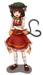  :3 animal_ears breasts brown_eyes brown_hair cat_ears cat_tail chen crossed_arms earrings fang hat highres jewelry kusiyan multiple_tails short_hair socks solo standing tail touhou white_background white_legwear 
